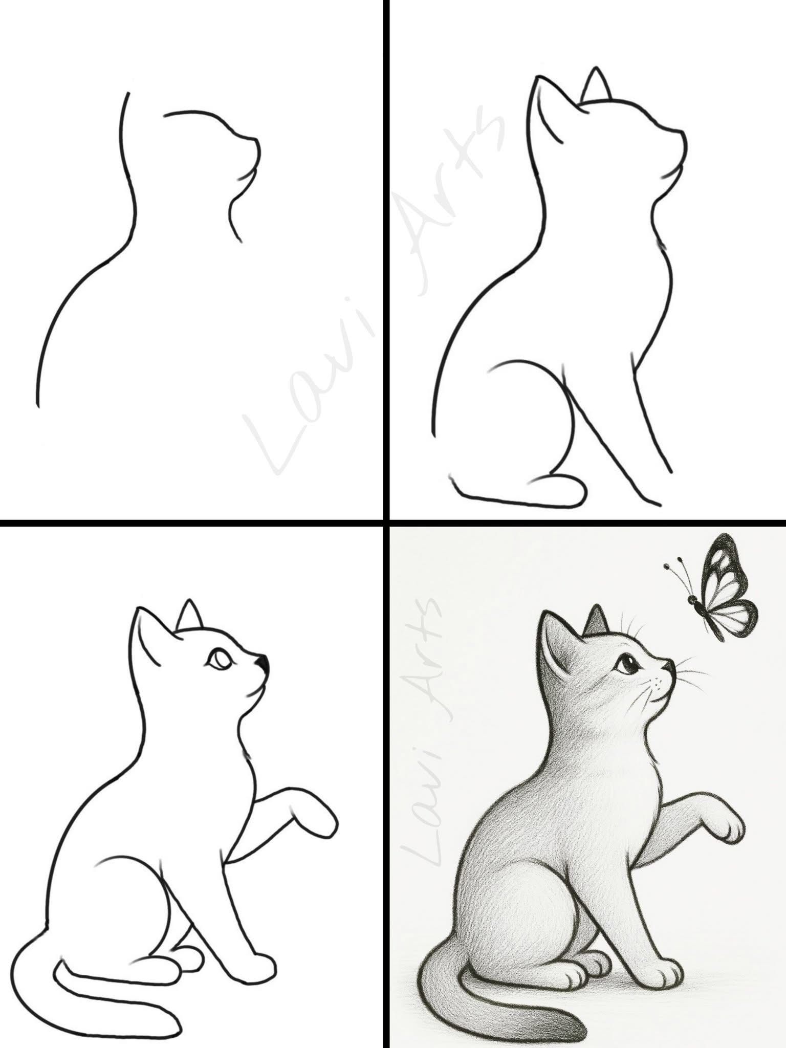 Desenhos Fáceis: Como desenhar um Gato fofo a lápis