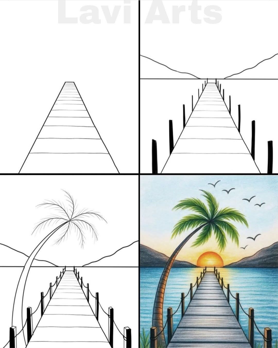 Desenhos Fáceis: Como desenhar um Píer ao pôr do sol