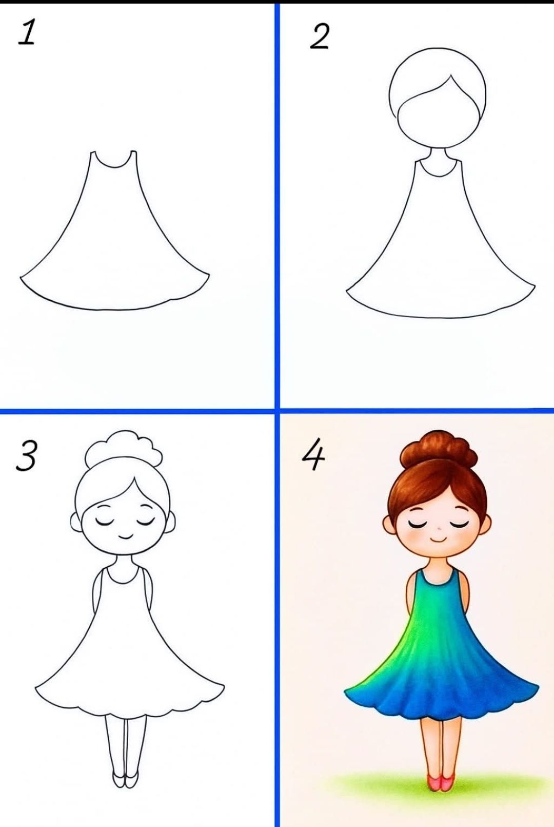 Desenhos Fáceis: Como desenhar uma menina com vestido colorido
