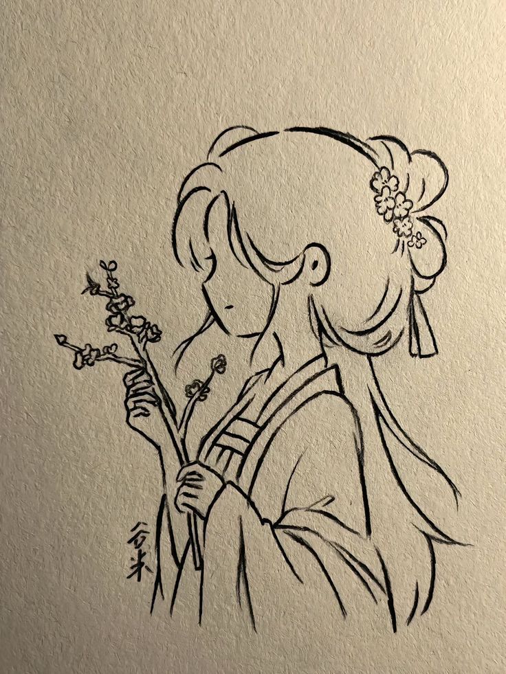 Desenhos Fofos: Garota fofa com ramo de flores para desenhar