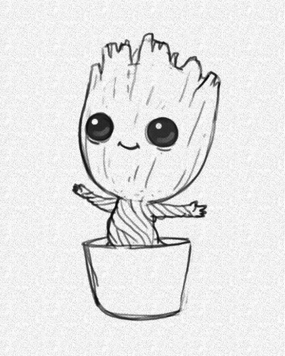 Desenhos Fofos: Groot fofo em vaso para desenhar