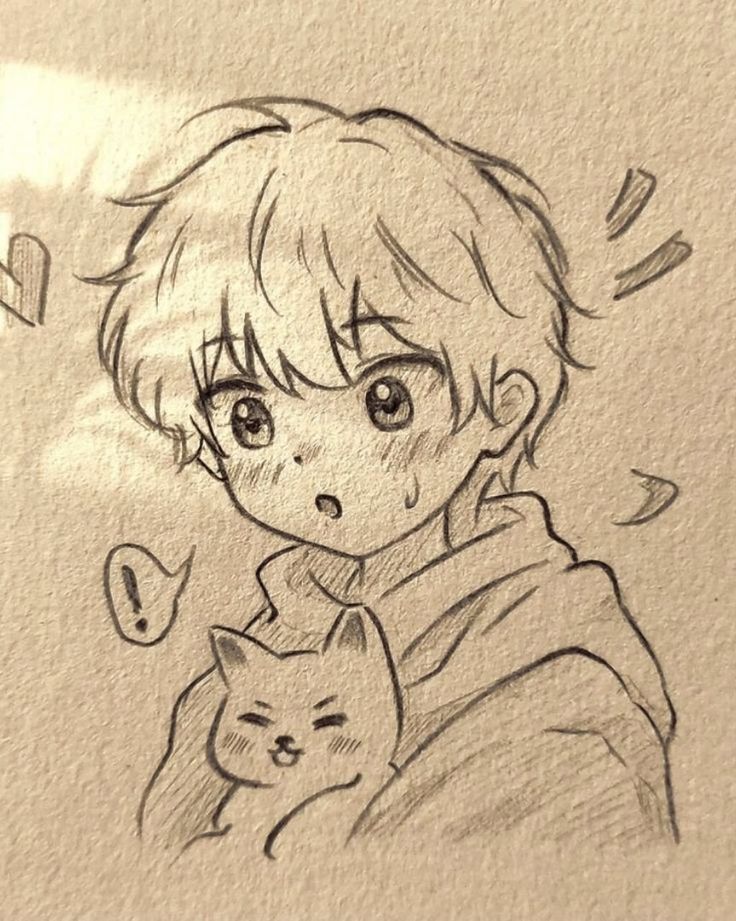 Desenhos Fofos: Menino com gato para desenhar