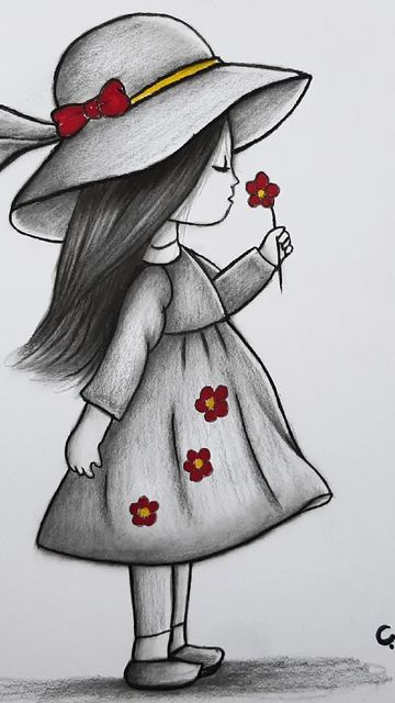 Desenhos Fofos: Menina com chapéu e flores para desenhar