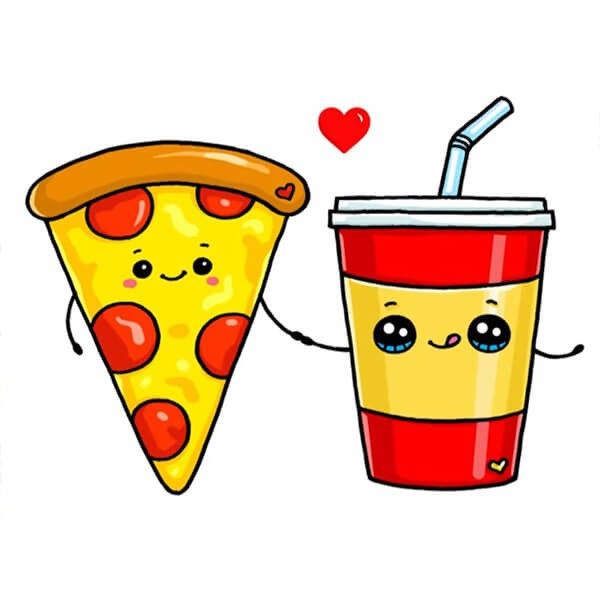 Desenhos Fofos: Pizza e bebida fofa para desenhar