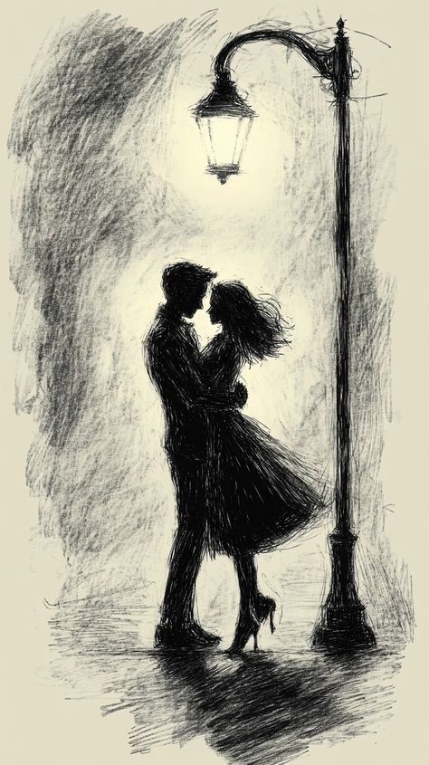 Desenhos Fofos: Casal apaixonado à luz de poste