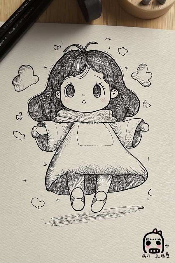 Desenhos Fofos: Menina fofa fácil a lápis para desenhar