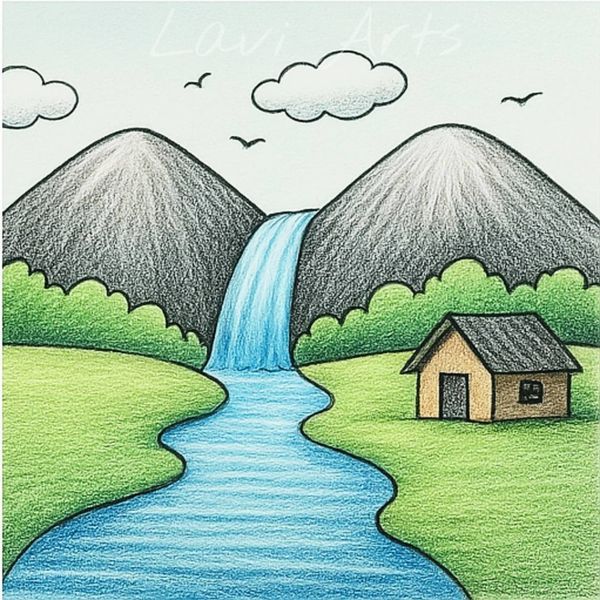 Desenhos Fofos: Paisagem com montanha e cachoeira fofa