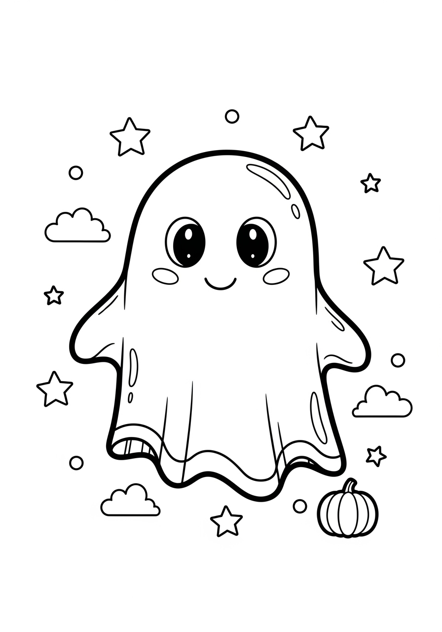 Desenho Fofo de Fantasma com Estrelas para Colorir