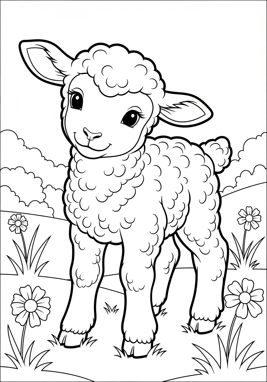 Desenho Fofo de um Cordeiro no Campo para colorir