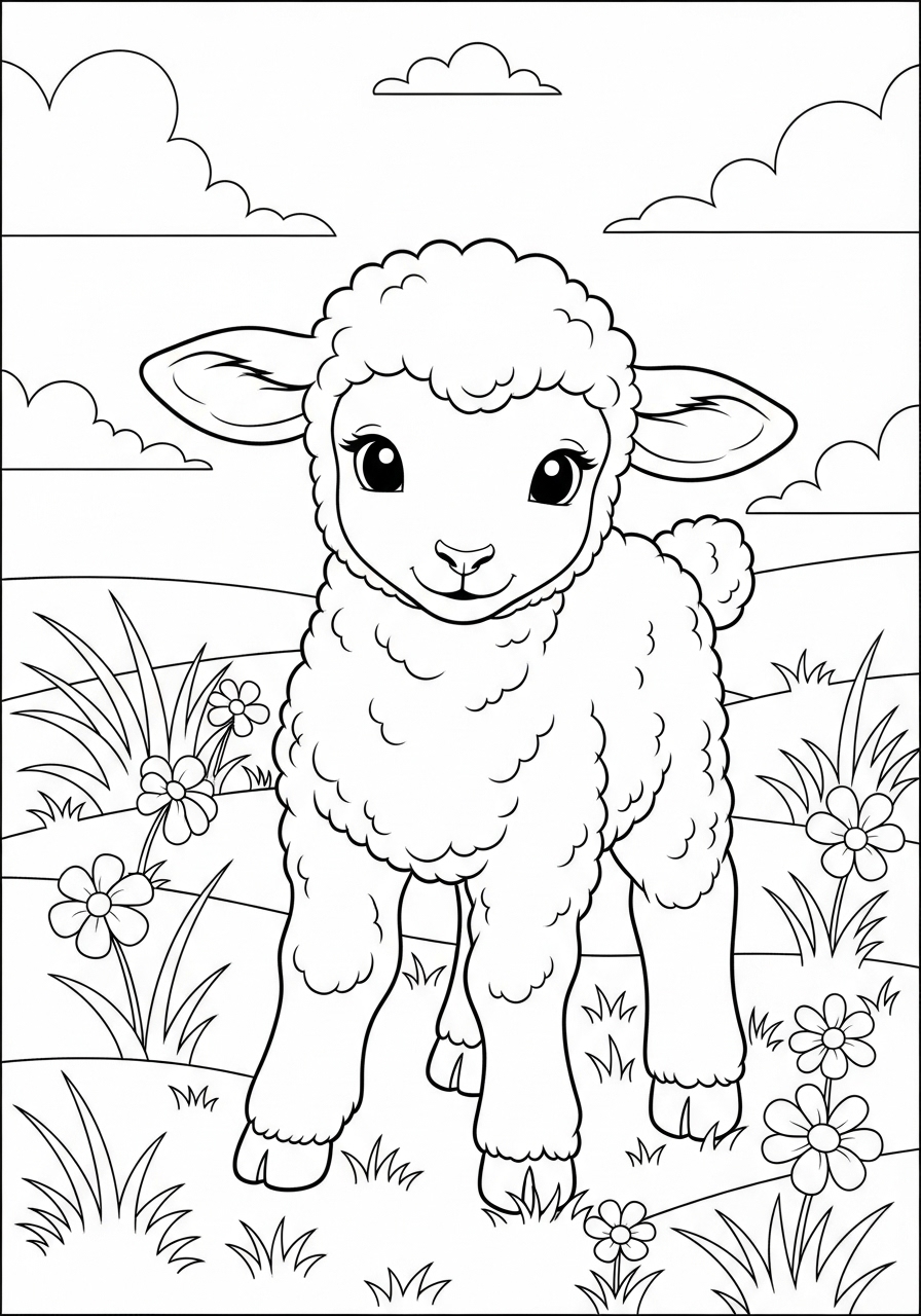 Desenho Fofo de um Cordeiro no campo para colorir