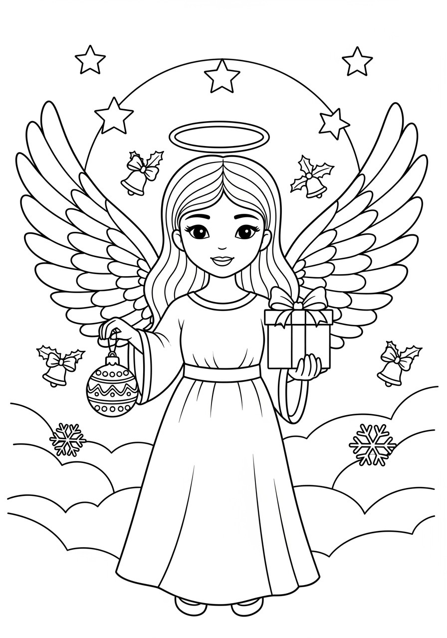Desenho Fofo de anjo segurando presente para colorir