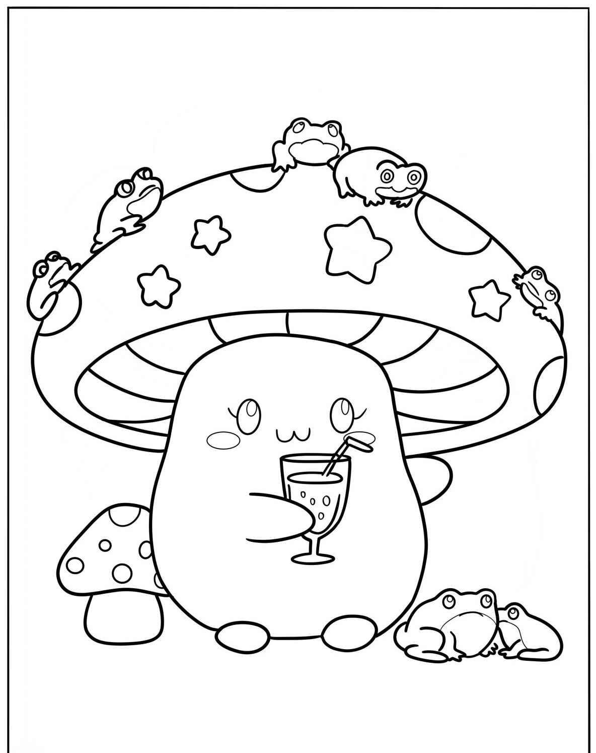 Desenho Fofo de cogumelo com sapinhos para colorir