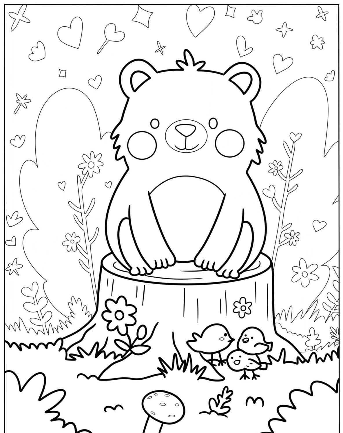 Desenho Fofo de um ursinho sentado em um tronco