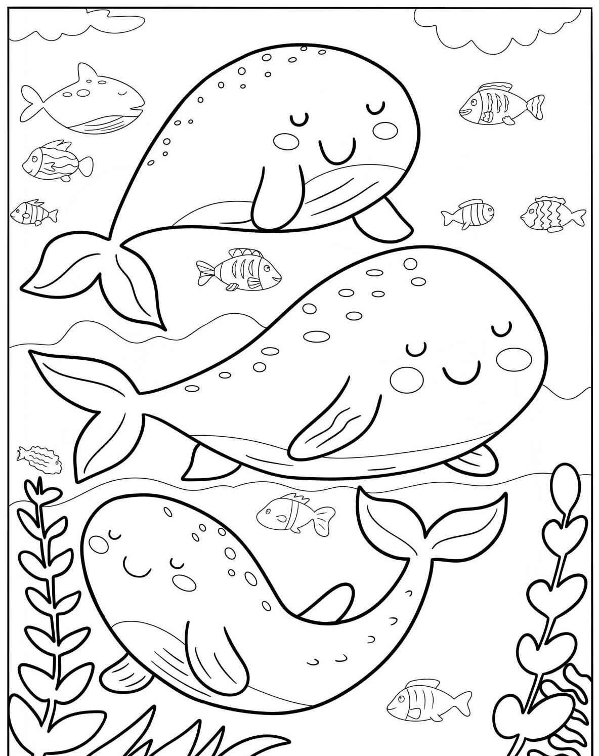 Desenho Fofo de baleias sorridentes nadando no mar