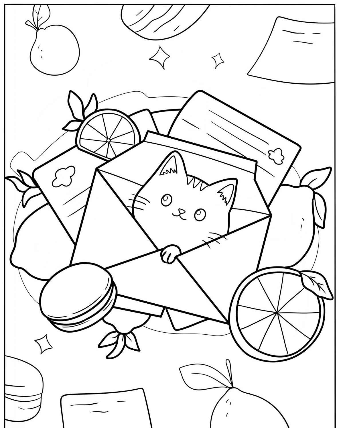 Desenho Fofo de um Gato em um Envelope para colorir