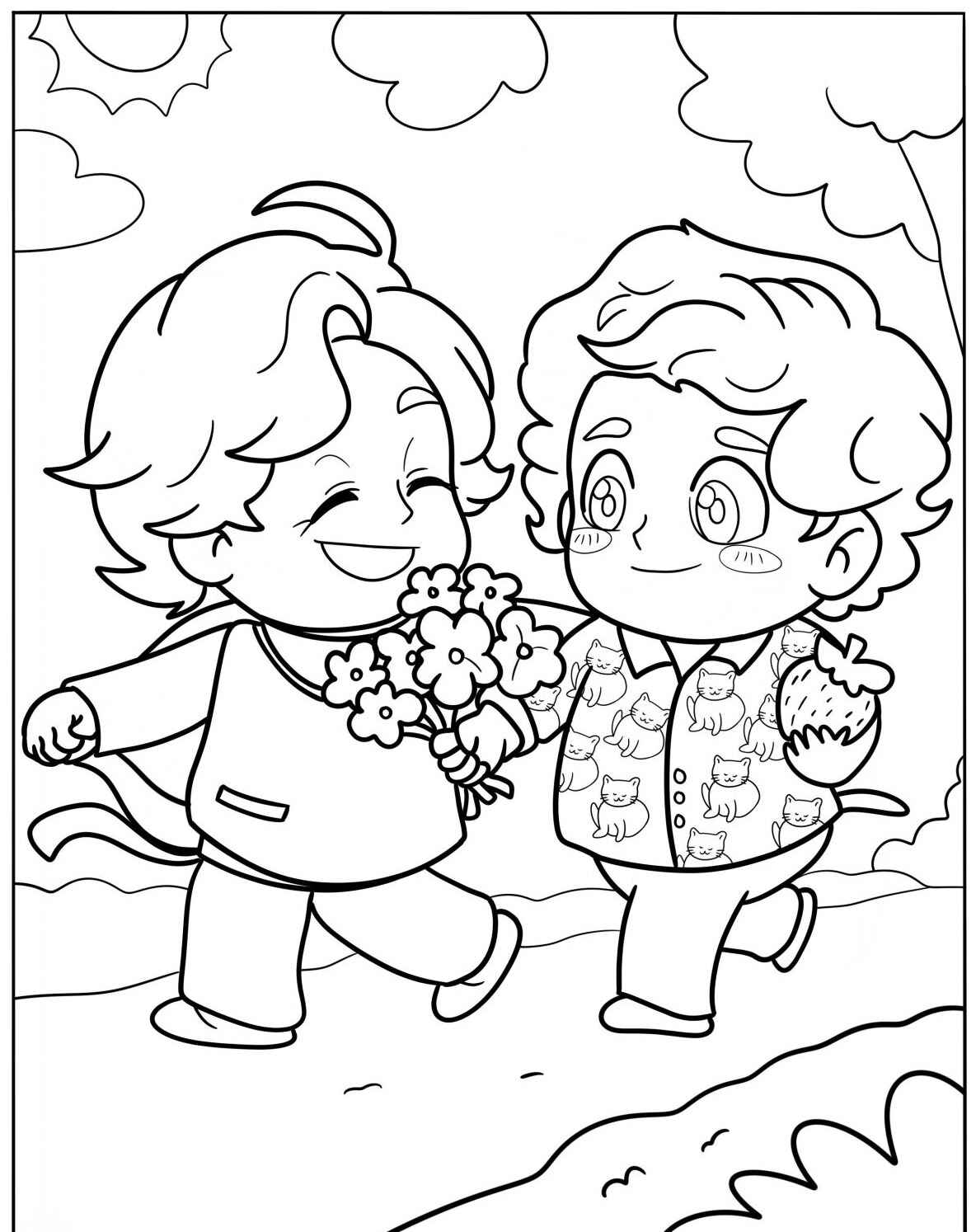 Desenho Fofo de Crianças com Flores para Colorir