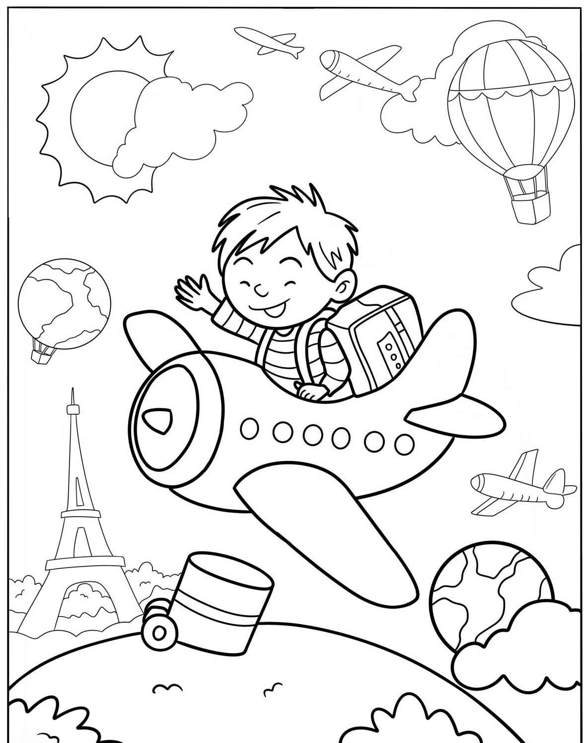 Desenho Fofo de criança em avião para colorir