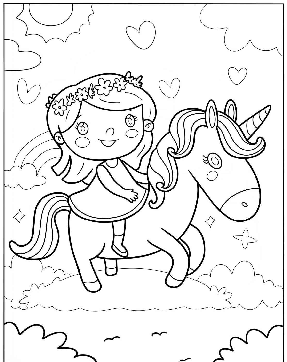Desenho Fofo de menina em unicórnio para colorir
