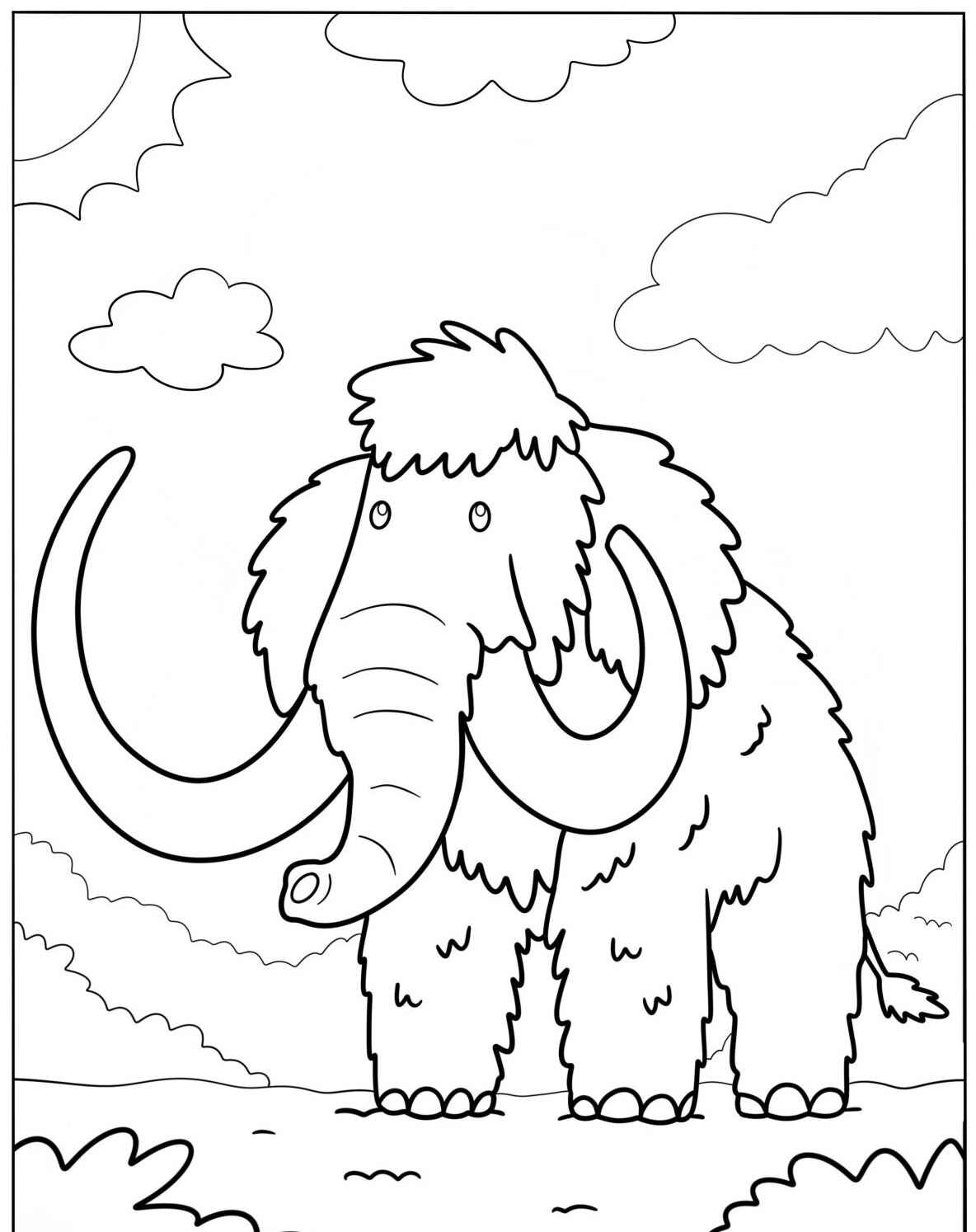 Desenho Fofo de um mamute no campo para colorir