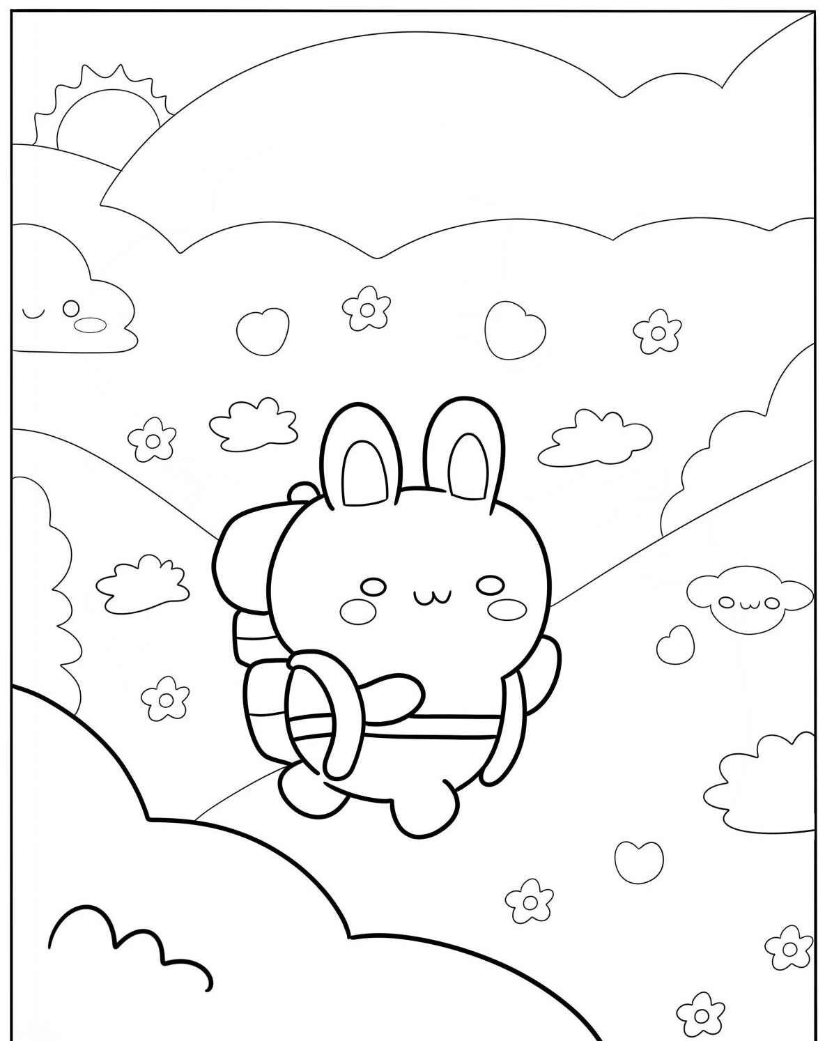 Desenho Fofo de coelho com mochila paisagem alegre