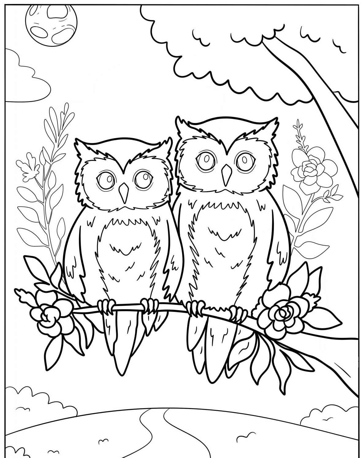 Desenho Fofo de duas corujas em um galho para colorir