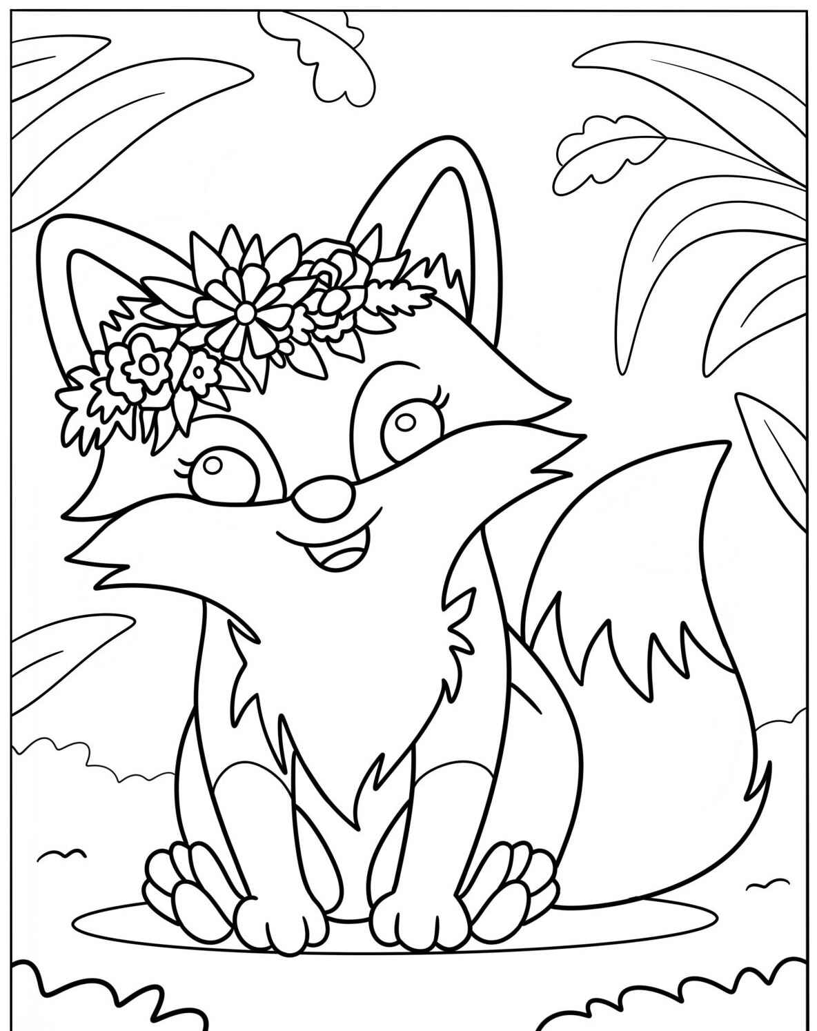 Desenho Fofo de raposa com coroa de flores para colorir