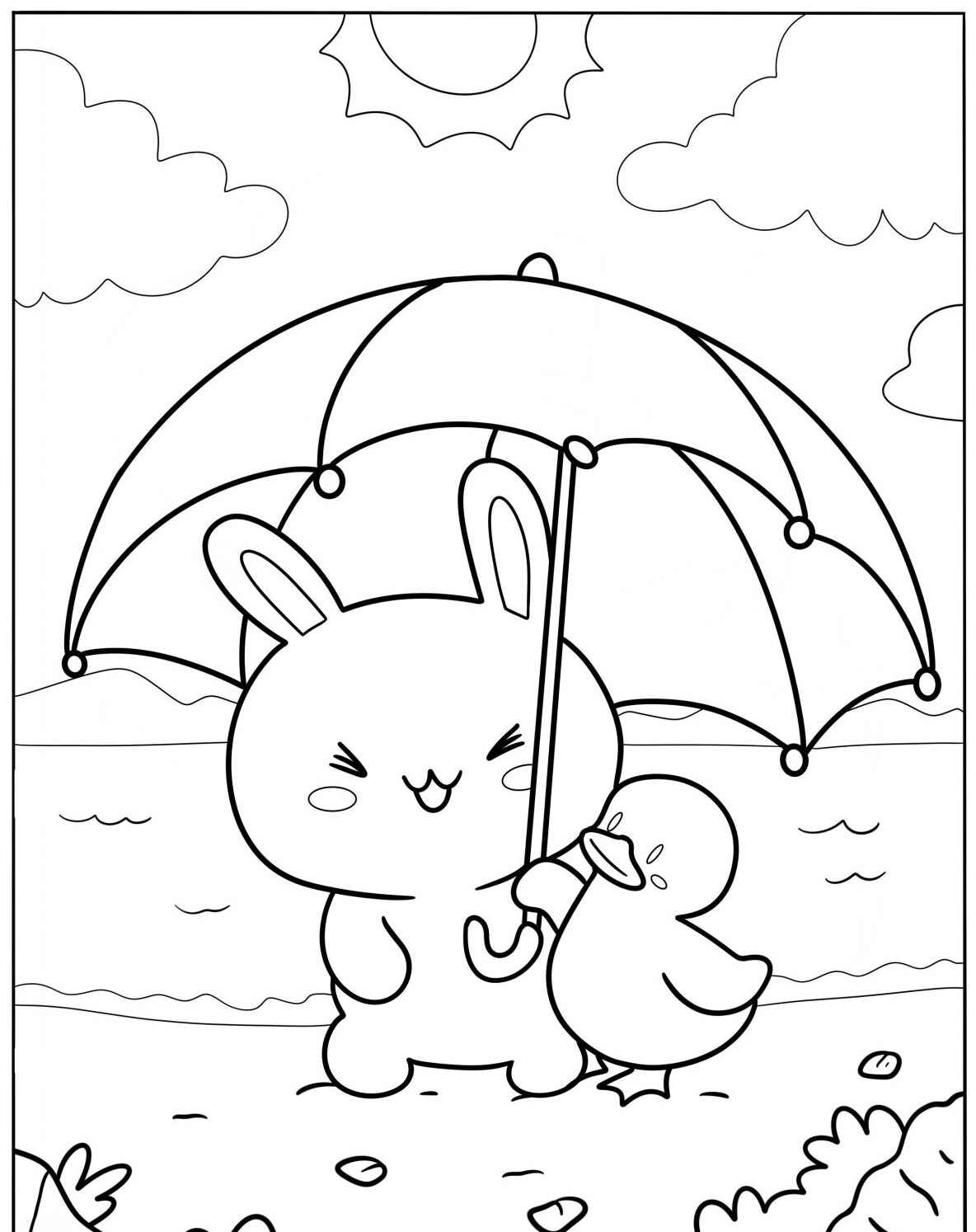Desenho Fofo coelho e pato com guarda-chuva na praia