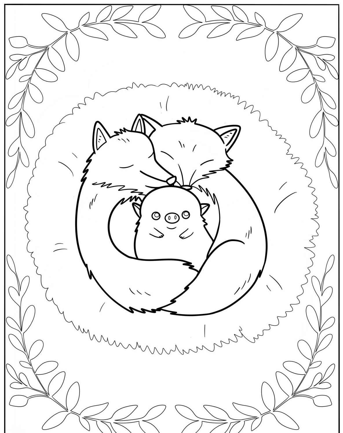 Desenho Fofo raposas e filhote no ninho para colorir