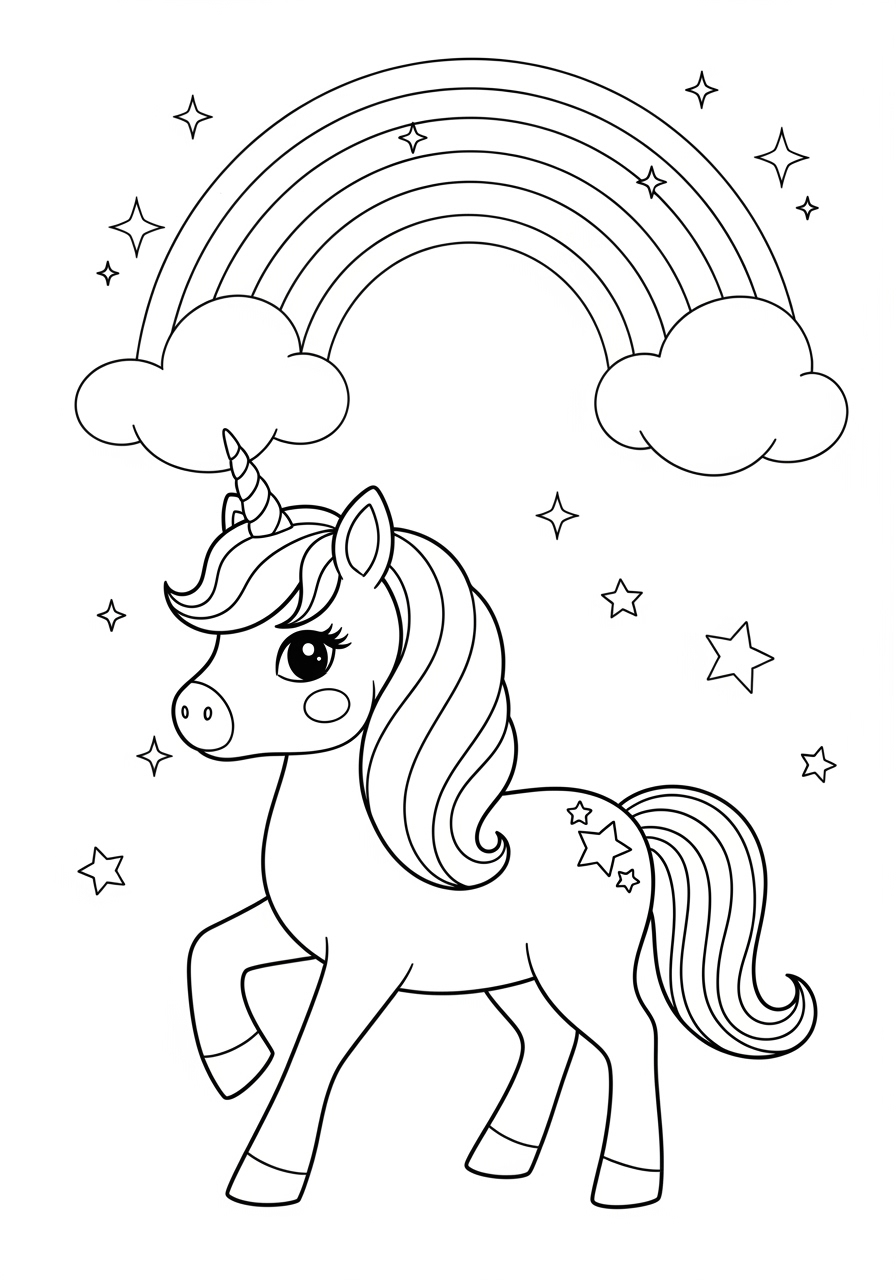 Desenho Fofo de um Unicórnio sob arco-íris para colorir