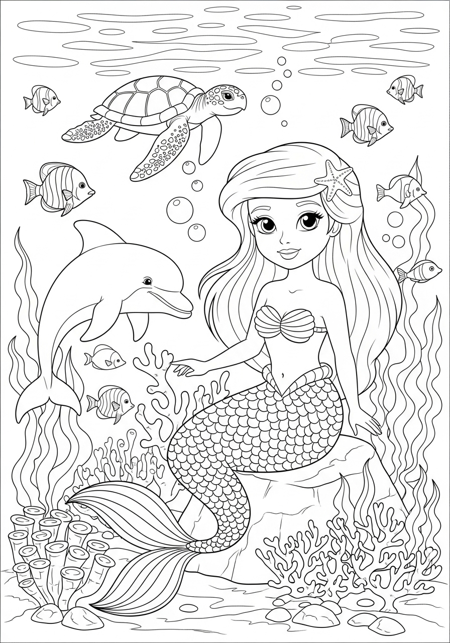 Desenho Fofo de sereia com animais marinhos para colorir
