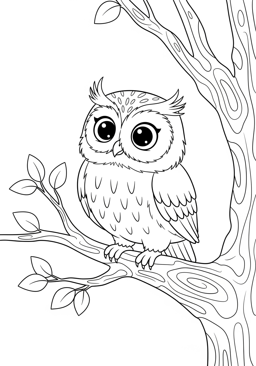 Desenho Fofo de uma coruja em um galho para colorir
