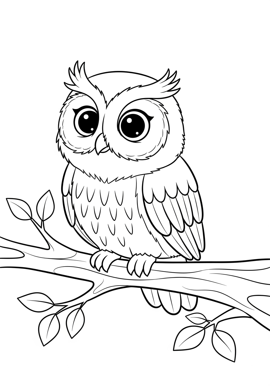Desenho Fofo de uma coruja em um galho para colorir
