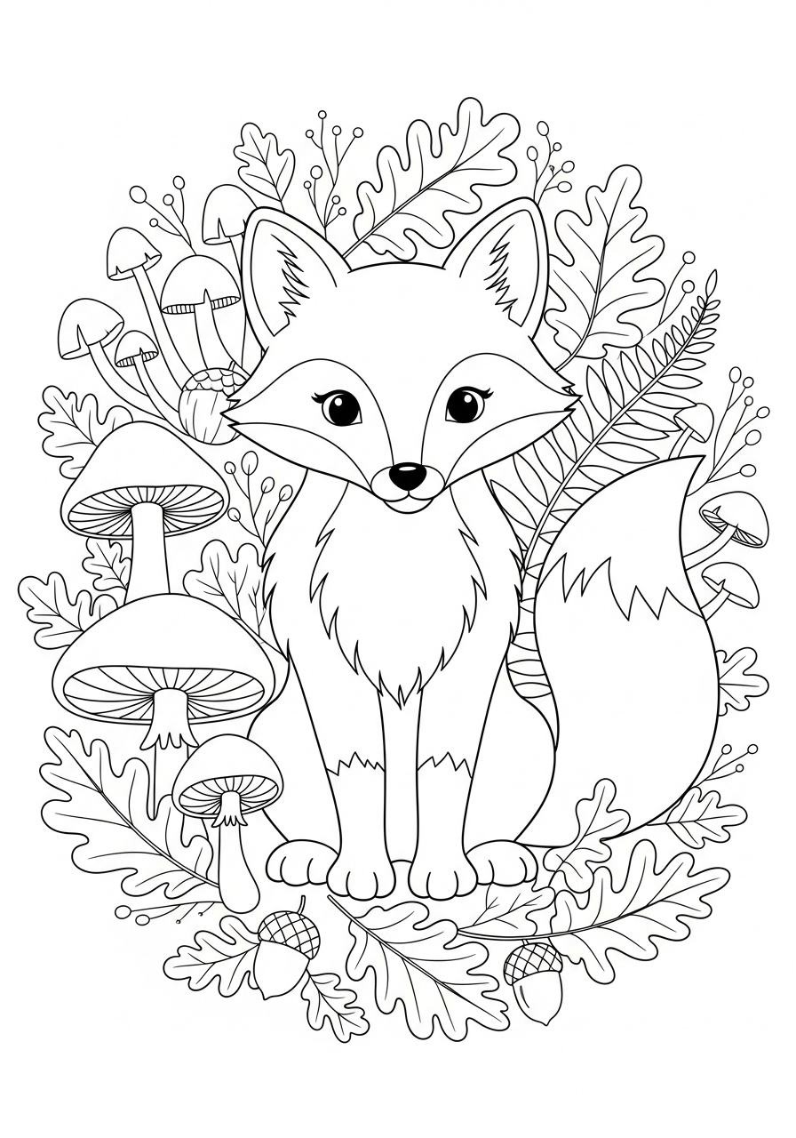Desenho Fofo de raposa entre cogumelos e folhas