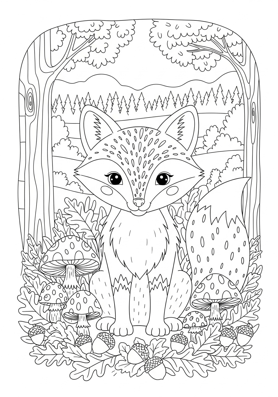 Desenho Fofo de uma raposa em floresta para colorir