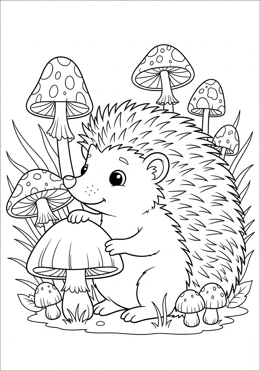 Desenho Fofo de um ouriço com cogumelos para colorir