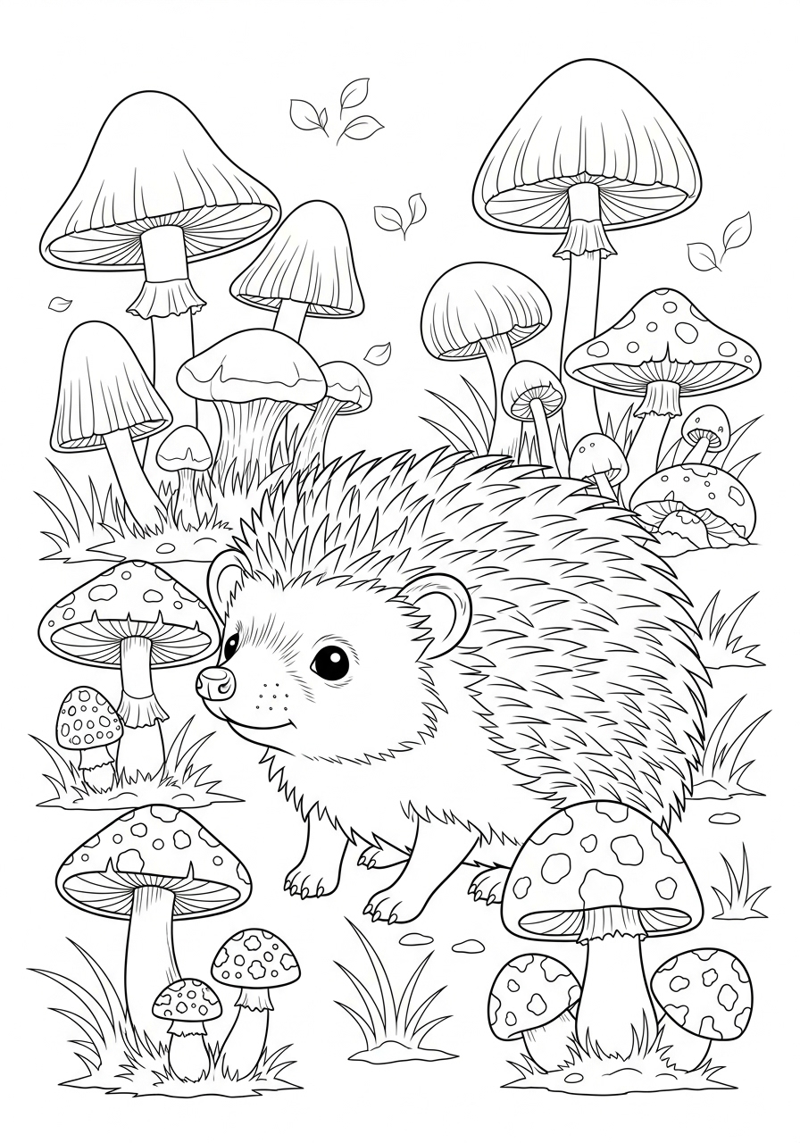Desenho Fofo de um ouriço entre cogumelos para colorir