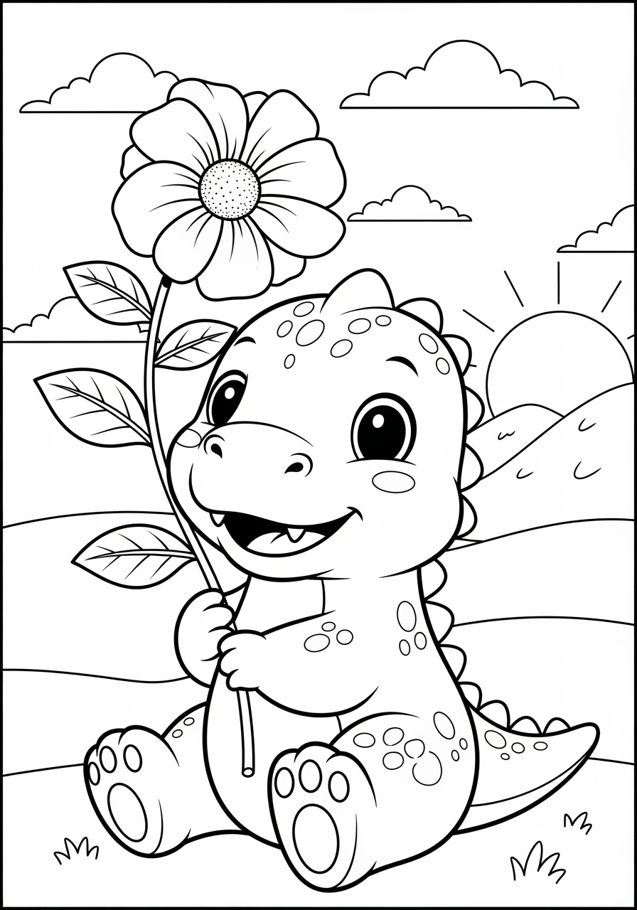 Desenho Fofo de dinossauro segurando flor para colorir