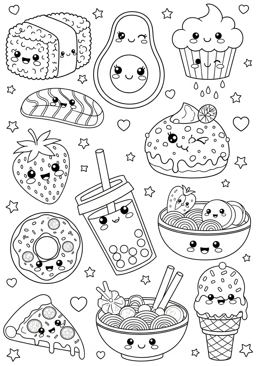 Desenho Fofo de comidas com rostos sorridentes