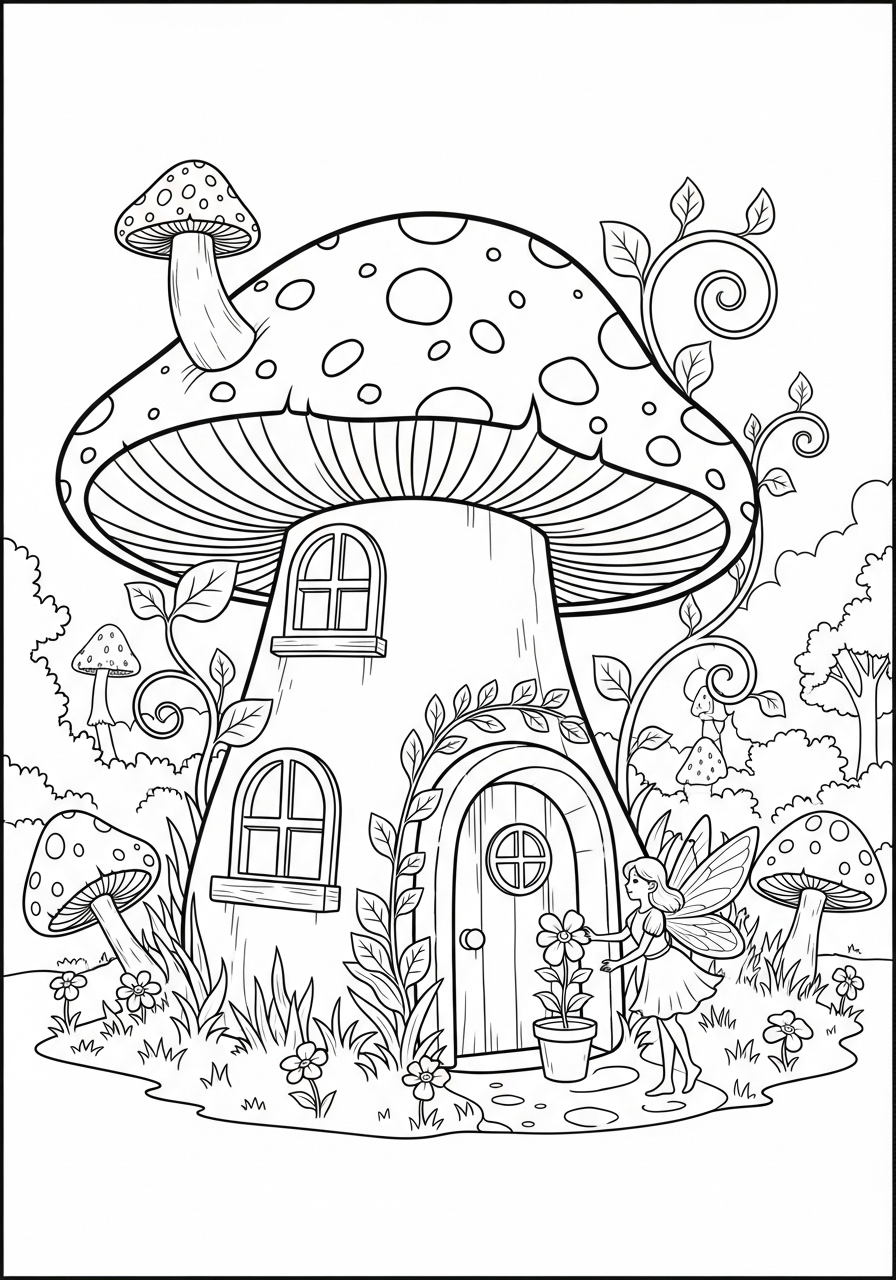 Desenho Fofo de casa cogumelo com fada e plantas