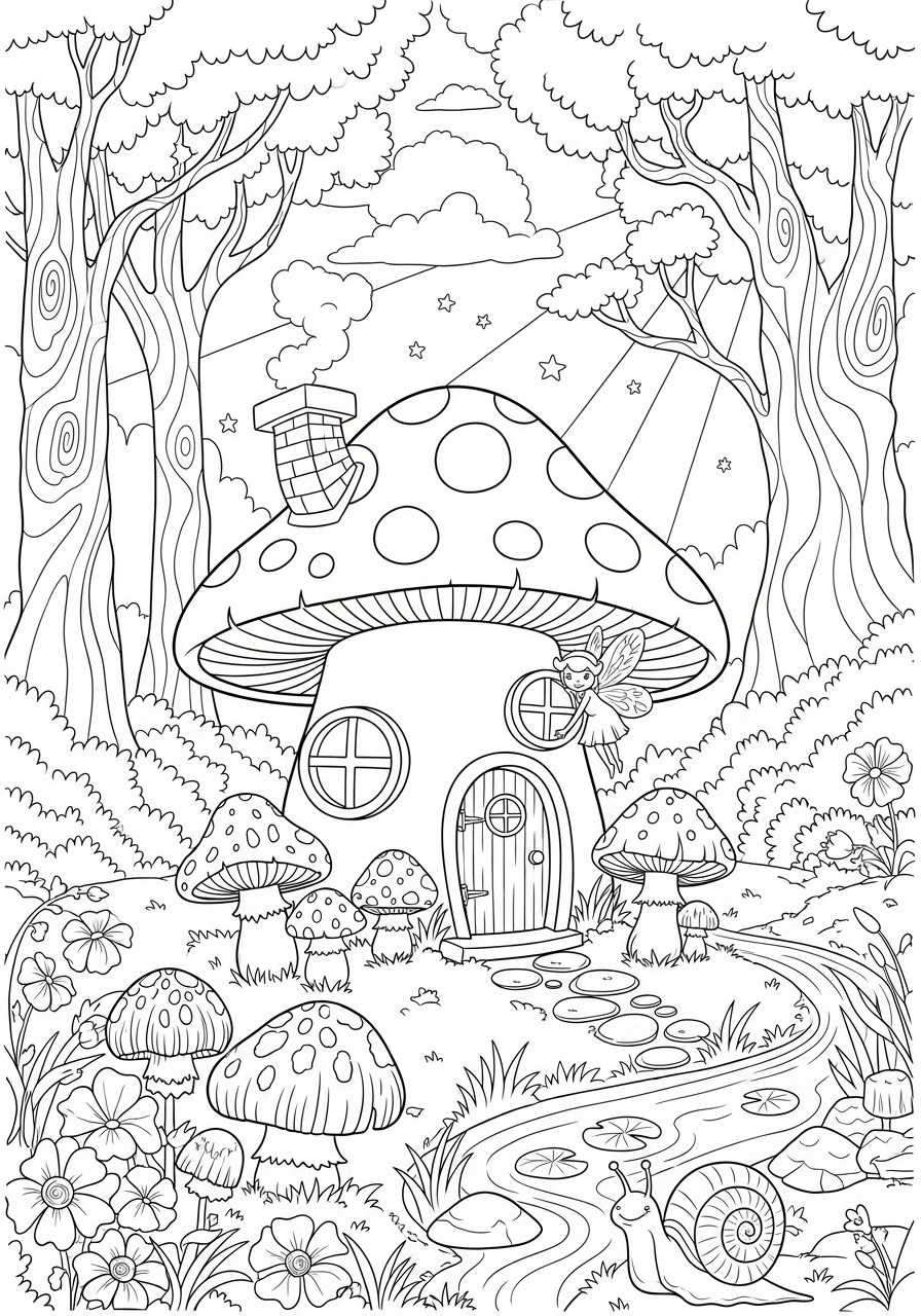 Desenho Fofo de casa cogumelo em floresta encantada