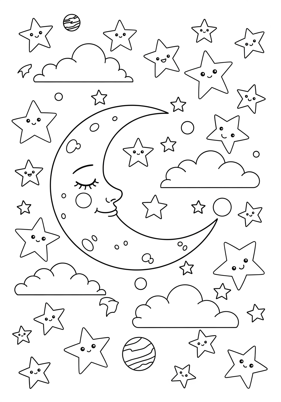 Desenho Fofo de lua e estrelas sorrindo para colorir