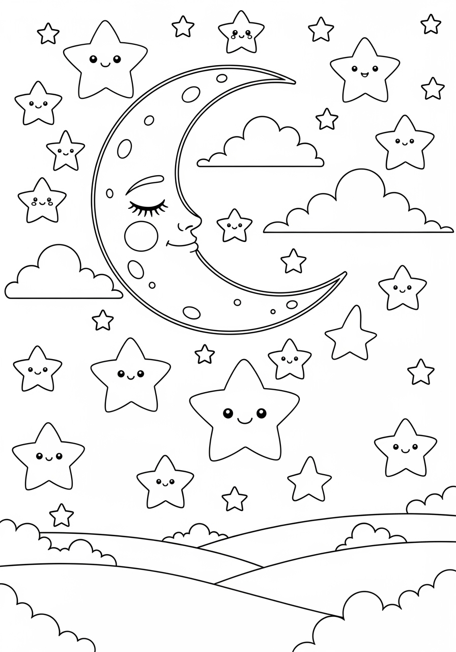 Desenho Fofo de Lua e Estrelas sorridentes para colorir