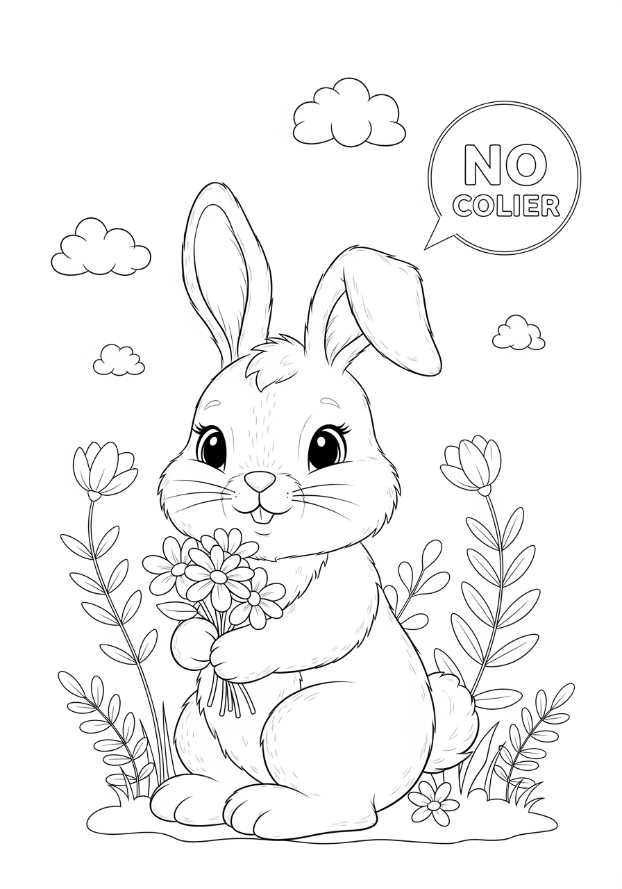 Desenho Fofo de Coelhinho segurando flores para colorir