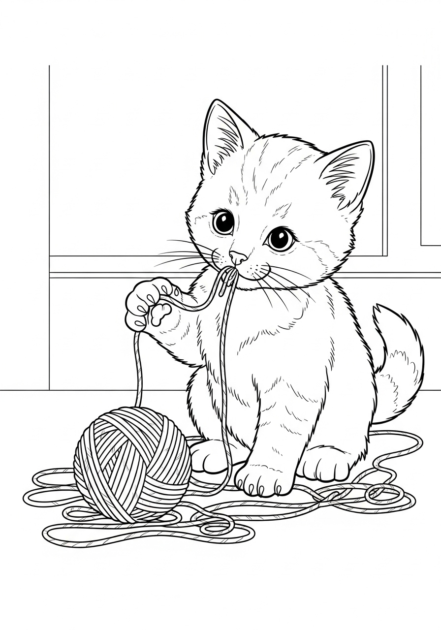 Desenho Fofo de gatinho com novelo para colorir