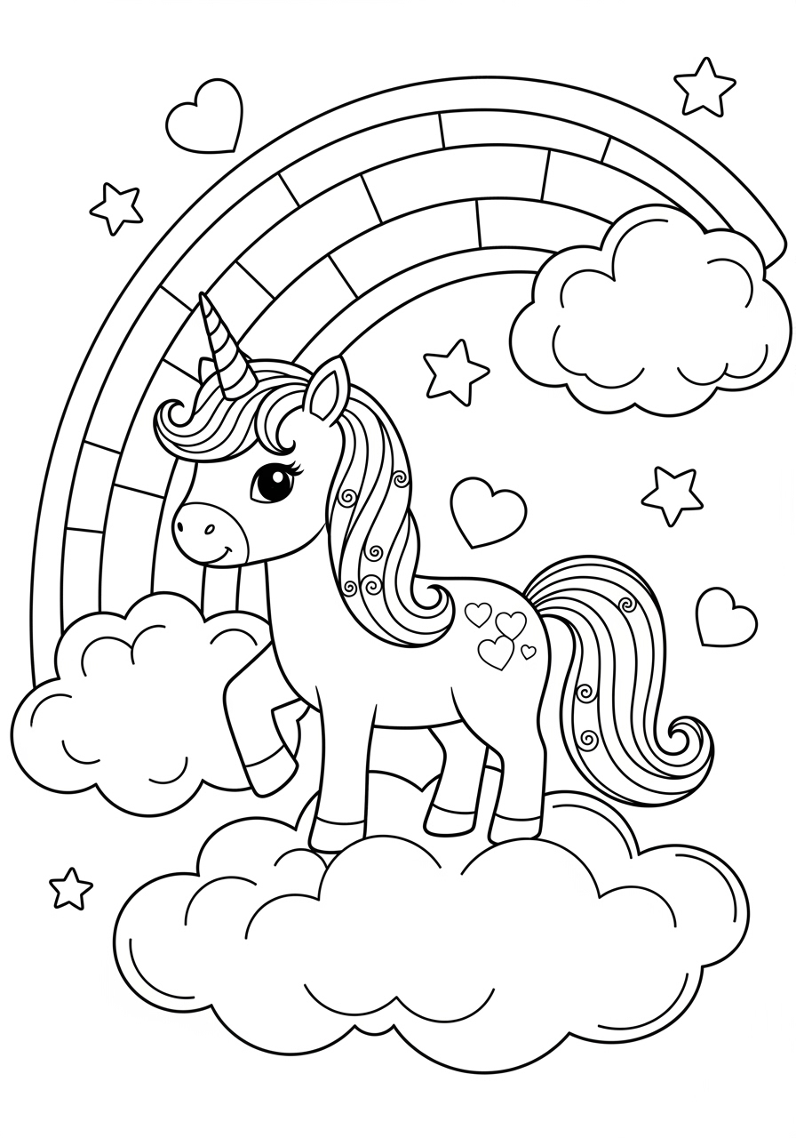 Desenho Fofo de unicórnio e arco-íris para colorir