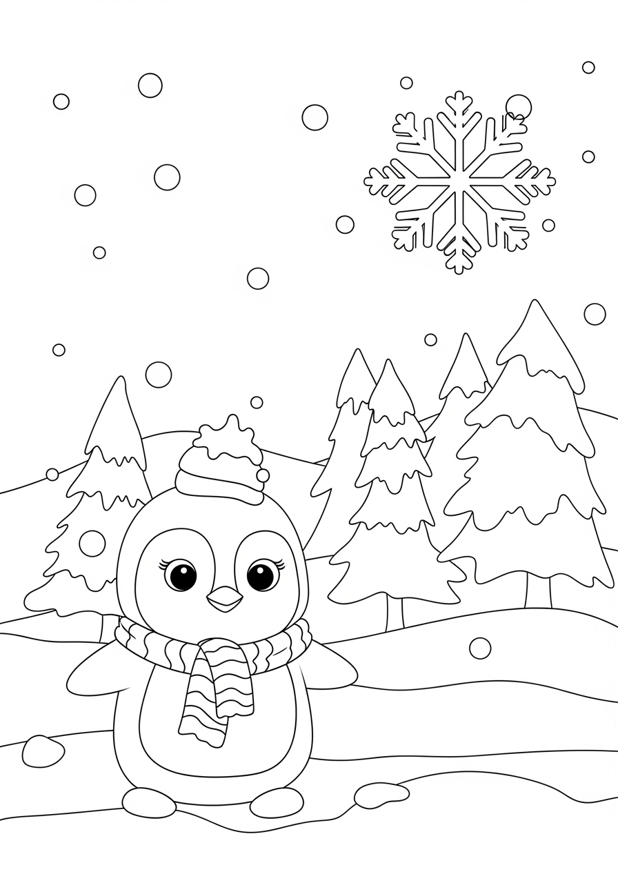 Desenho Fofo de Pinguim com cachecol e neve para colorir