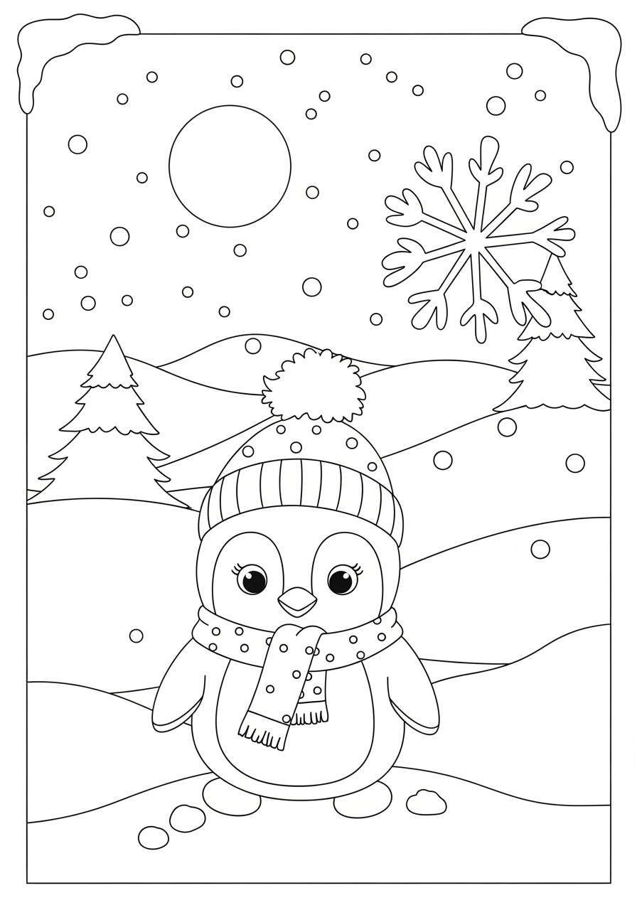 Desenho Fofo de um Pinguim no inverno para colorir