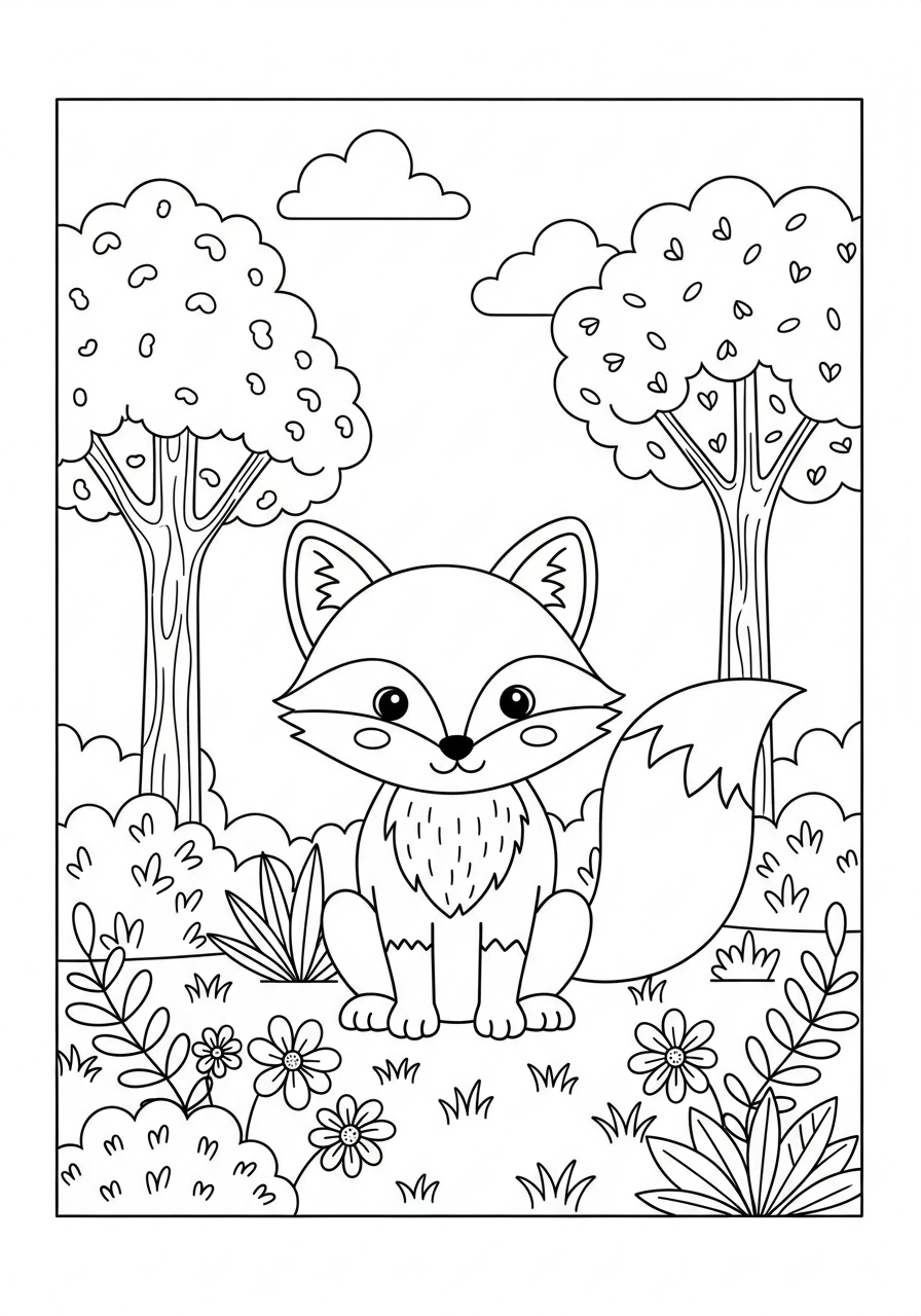 Desenho Fofo de uma Raposa sentada em um jardim florido