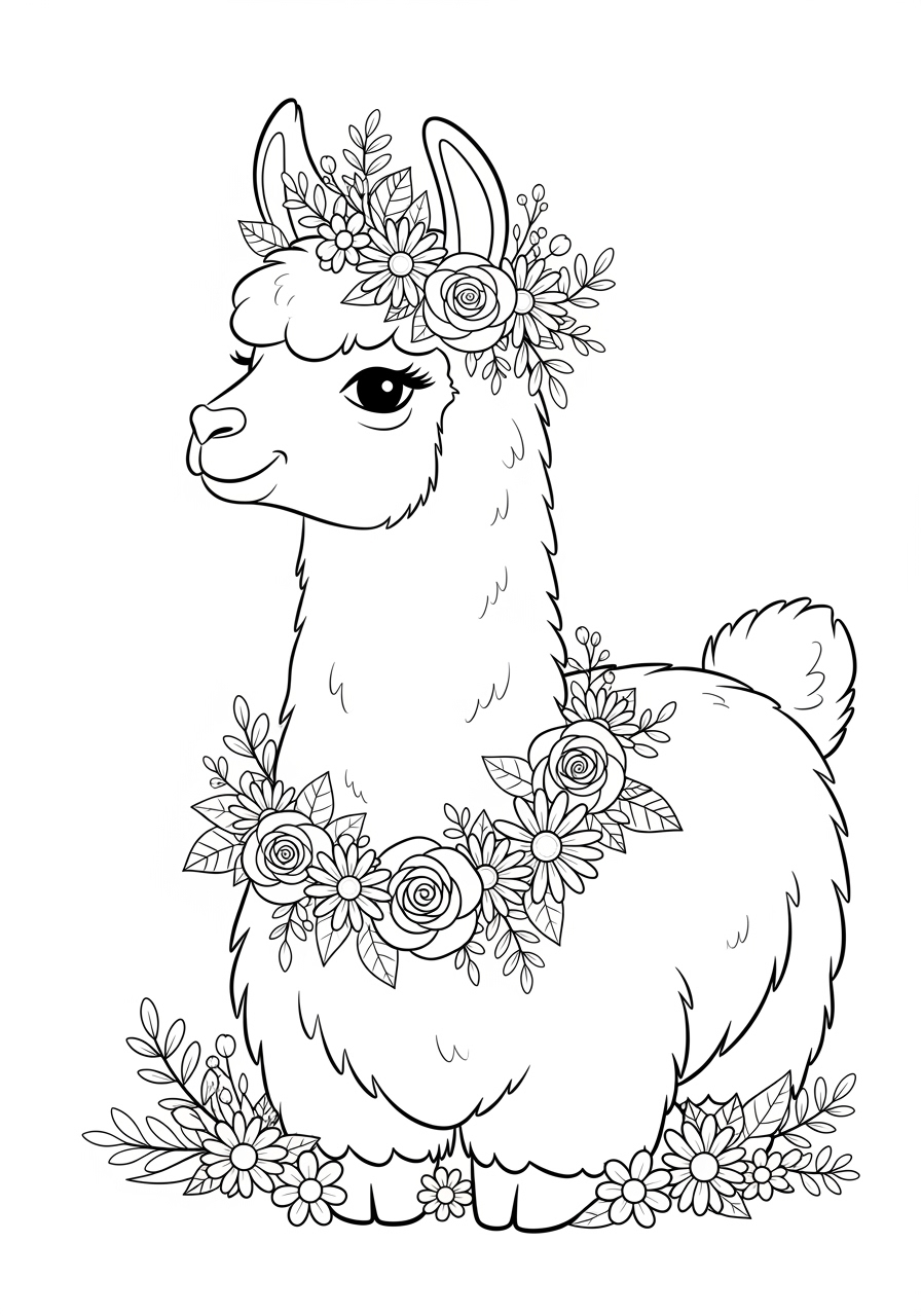 Desenho Fofo de uma lhama com flores para colorir