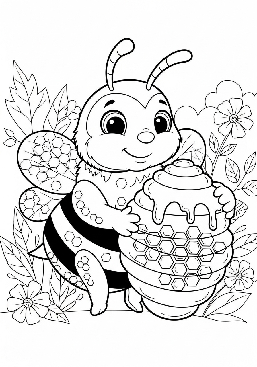 Desenho Fofo de uma abelha segurando um pote de mel